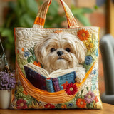 Bolso Tote Artesanal - Shih Tzu con Libros y Flores