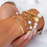 Conjunto 4 Pulseras – Serpiente, Perlas & Eslabones | Oro