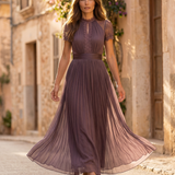 Flavia | Vestido largo morado con escote en forma de llave, borde de encaje de chiffon